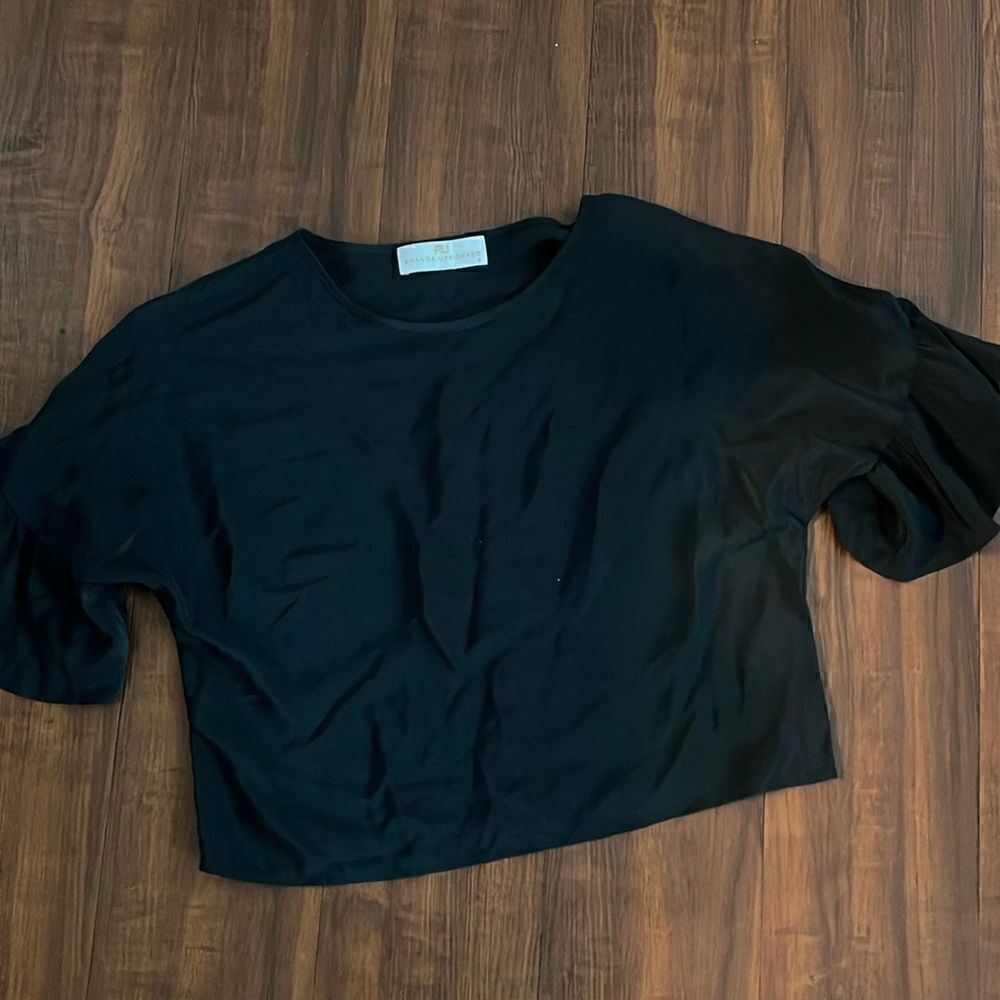 Ruffle Sleeve Black Cropped Top - 100% Silk Amanda Uprichards Top - Petite Size